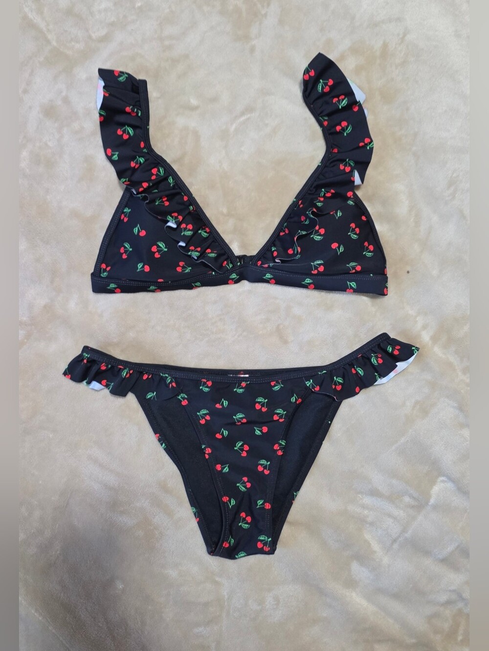 Black A D Red Cherry Ruffle Bikini